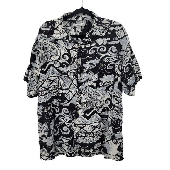 Vtg 80s Mens Sz 1X Short Sleeve Black White Tiki Rayon Button-Up Shirt Hawaiian - Picture 9 of 9